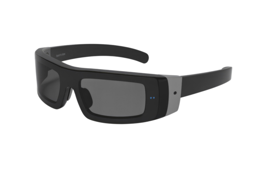 A sleek pair of black sunglasses with a modern design and subtle blue indicator lights. background removed