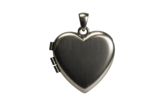 Heart-shaped silver locket pendant with a brushed metal finish, perfect for holding cherished memories. background removed