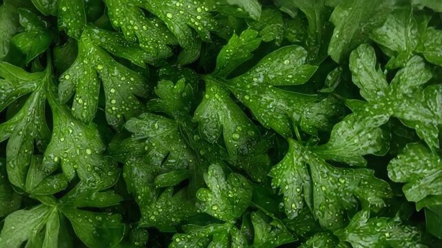 Exploring vibrant green parsley leaves with raindrops