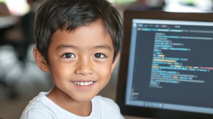 Young boy enjoys learning coding at a computer - Powered by Adobe