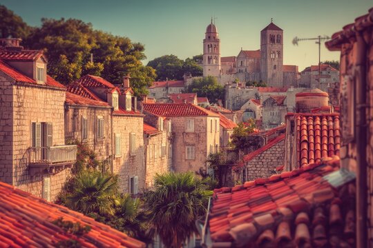 A classic European old town scene: red roofs, ancient stone buildings.