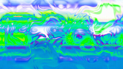 Abstract psychedelic glitch waves with neon colors, distorted digital fluid texture and VHS scanline effect