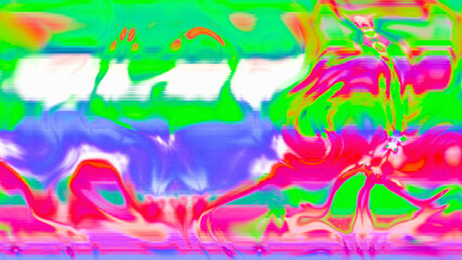 Abstract psychedelic glitch waves with neon colors, distorted digital fluid texture and VHS scanline effect