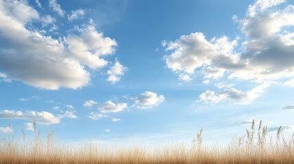 Bright blue sky with fluffy clouds above golden grass swaying gently in breeze