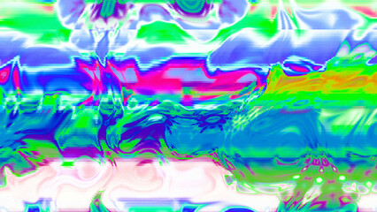 Abstract psychedelic glitch waves with neon colors, distorted digital fluid texture and VHS scanline effect