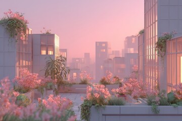 Dreamy cityscape with vibrant pink flowers on rooftops under a pastel sky.