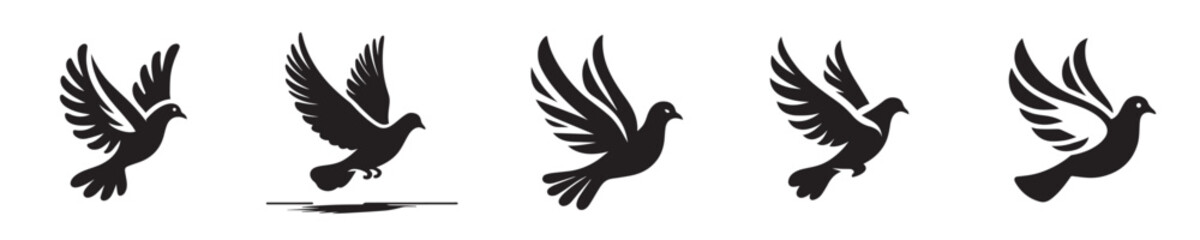 Obraz premium Flying Dove Icons Set. Black Silhouette of Pigeon, Bird of Peace, Freedom, and Hope in Different Poses Vector Illustration.
