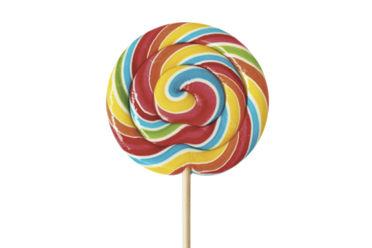 A colorful rainbow swirl lollipop on a stick, isolated on a transparent background. background removed