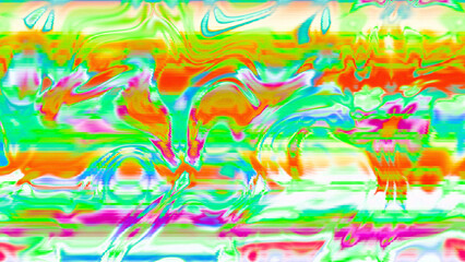 Abstract psychedelic glitch waves with neon colors, distorted digital fluid texture and VHS scanline effect
