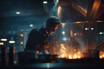 Chef cooking a meal with dramatic fire in a professional restaurant kitchen.
