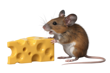 An adorable cartoon mouse examines a large piece of Swiss cheese. background removed