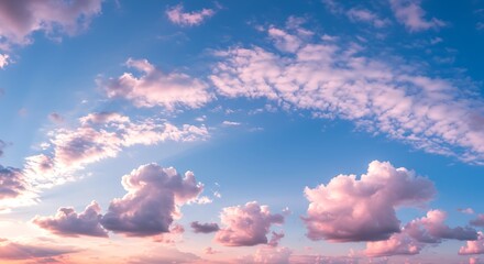 Vibrant blue sky with fluffy white and pink clouds scenic background