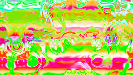 Abstract psychedelic glitch waves with neon colors, distorted digital fluid texture and VHS scanline effect