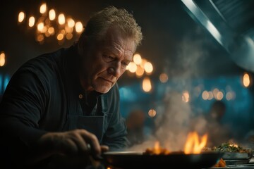 Master chef expertly cooking a culinary creation with dramatic flames and steam.