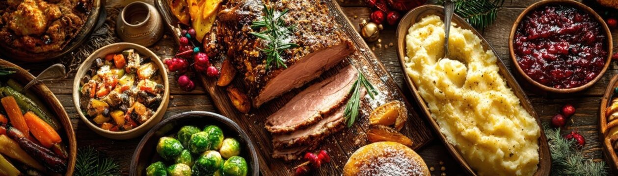 Traditional Christmas dinner served with festive spirit concept. A festive table filled with delicious holiday dishes and treats.