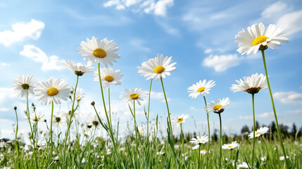 Bright daisies bloom under serene blue sky, creating peaceful and uplifting scene