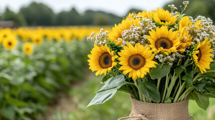 Obraz premium Bright sunflowers in burlap sack create joyful scene in sunflower field