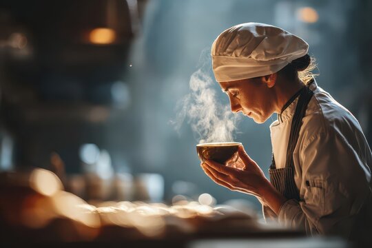 Professional chef intently evaluates steaming dish's aroma in a well-lit kitchen.