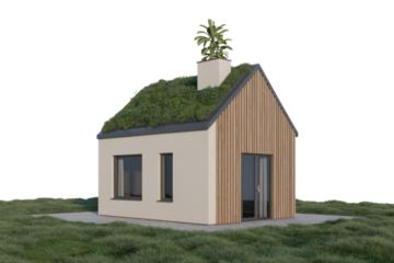 Modern eco-friendly house with green roof, wooden siding, and a small plant on the chimney. background removed