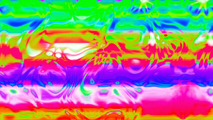 Abstract psychedelic glitch waves with neon colors, distorted digital fluid texture and VHS scanline effect