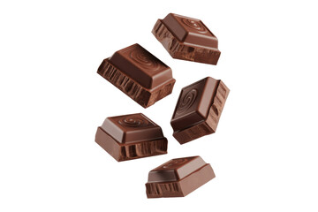 Fototapeta premium Five pieces of milk chocolate squares falling against a transparent background. background removed