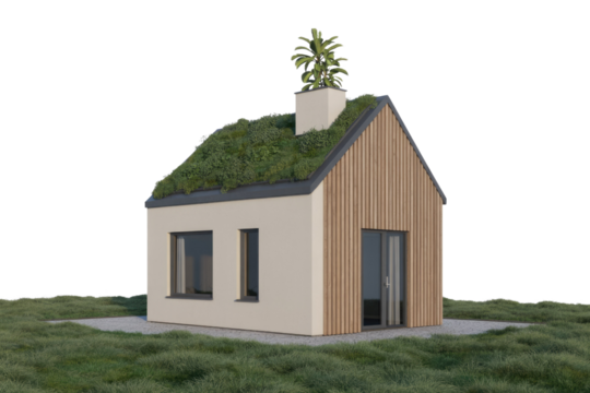 Modern eco-friendly house with green roof, wooden siding, and a small plant on the chimney. background removed