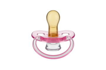 Pink baby pacifier with amber nipple, isolated on transparent background. background removed