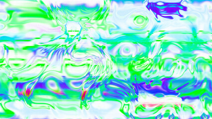 Abstract psychedelic glitch waves with neon colors, distorted digital fluid texture and VHS scanline effect
