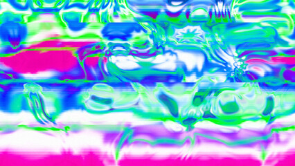 Abstract psychedelic glitch waves with neon colors, distorted digital fluid texture and VHS scanline effect