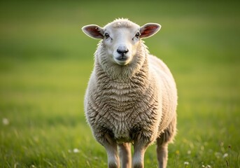 Naklejka premium A fluffy white sheep stands in a vibrant green pasture, looking directly at the viewer with a gentle expression.
