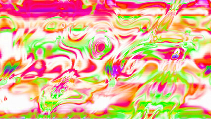 Abstract psychedelic glitch waves with neon colors, distorted digital fluid texture and VHS scanline effect