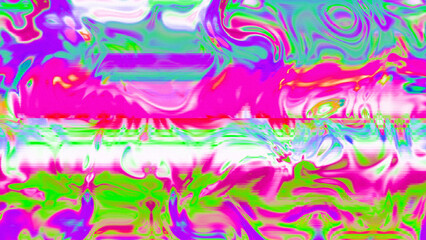 Abstract psychedelic glitch waves with neon colors, distorted digital fluid texture and VHS scanline effect