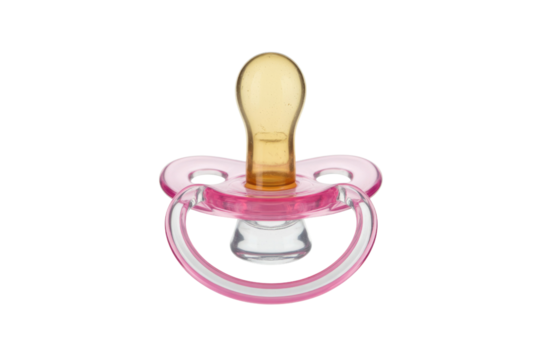 Pink baby pacifier with amber nipple, isolated on transparent background. background removed - Powered by Adobe