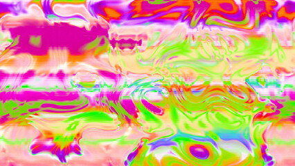 Abstract psychedelic glitch waves with neon colors, distorted digital fluid texture and VHS scanline effect