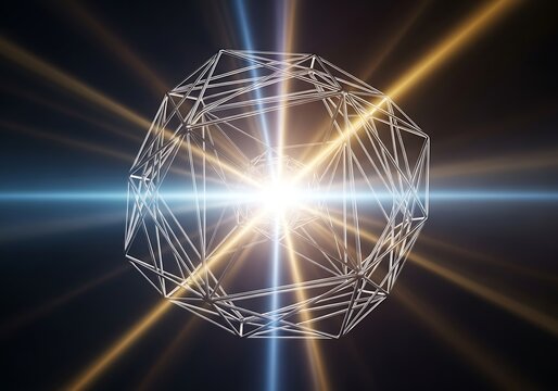 Luminous wireframe dodecahedron with radiant glow and dynamic light beams - Powered by Adobe