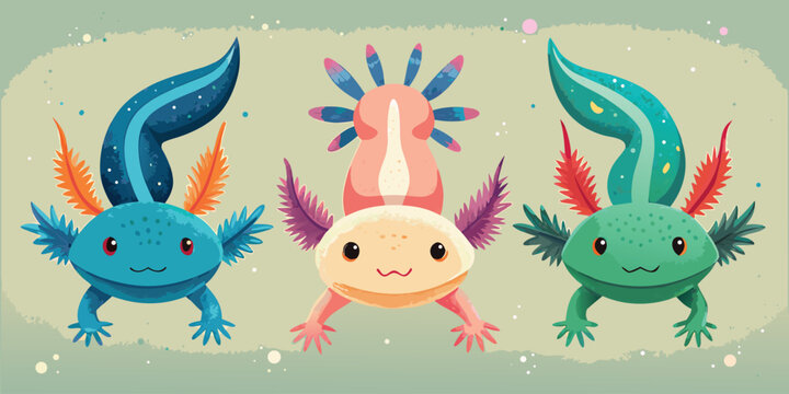 Vector art of cartoon axolotls illustration, colorful aquatic salamanders on light background