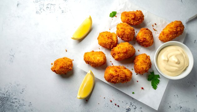 Kibbeling fried cod bites with lemon and sauce, overhead