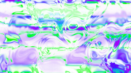 Abstract psychedelic glitch waves with neon colors, distorted digital fluid texture and VHS scanline effect