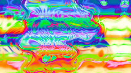 Abstract psychedelic glitch waves with neon colors, distorted digital fluid texture and VHS scanline effect