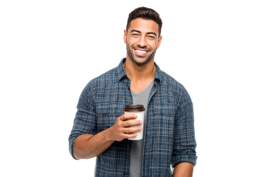 Young Smiling Man Wearing Casual Plaid Shirt Holding Coffee Cup Against White Background