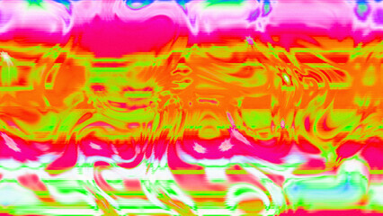 Abstract psychedelic glitch waves with neon colors, distorted digital fluid texture and VHS scanline effect
