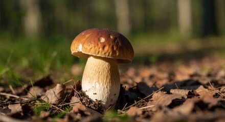 Fototapeta premium A large, light-brown mushroom with a spotted cap stands in a bed of fallen leaves