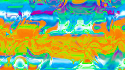 Abstract psychedelic glitch waves with neon colors, distorted digital fluid texture and VHS scanline effect