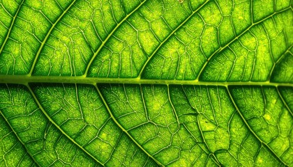 Close Up Of A Bright Green Leaf Showing Intricate Veins And Cellular Structure Illuminated By Natural Light