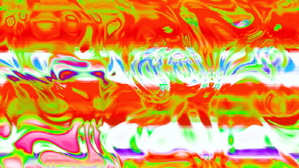 Abstract psychedelic glitch waves with neon colors, distorted digital fluid texture and VHS scanline effect