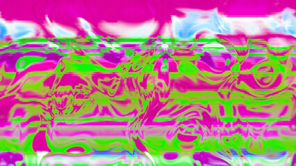 Abstract psychedelic glitch waves with neon colors, distorted digital fluid texture and VHS scanline effect