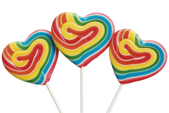Three rainbow-colored heart-shaped lollipops on sticks. background removed