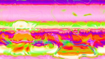 Abstract psychedelic glitch waves with neon colors, distorted digital fluid texture and VHS scanline effect