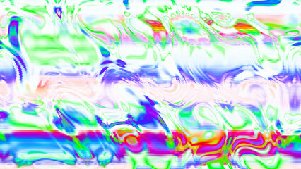 Abstract psychedelic glitch waves with neon colors, distorted digital fluid texture and VHS scanline effect