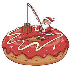 Cute Christmas Donut with Santa Claus Fishing for Gifts Illustration